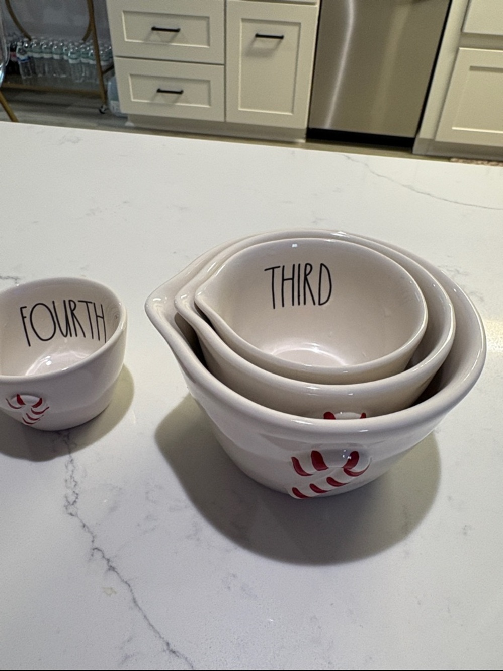 Rae Dunn White Ceramic Nesting Measuring Bowls with Red Candy Cane Accent - Picture 3 of 7